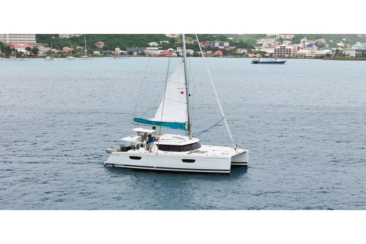 Exterior view of Canis Majoris, a Fountaine Pajot Saba 50 catamaran at Road Town, British Virgin Islands