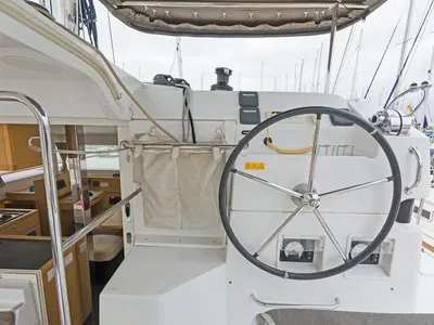 Cockpit of Catanoo, a Lagoon 39 catamaran at Kos, Greece