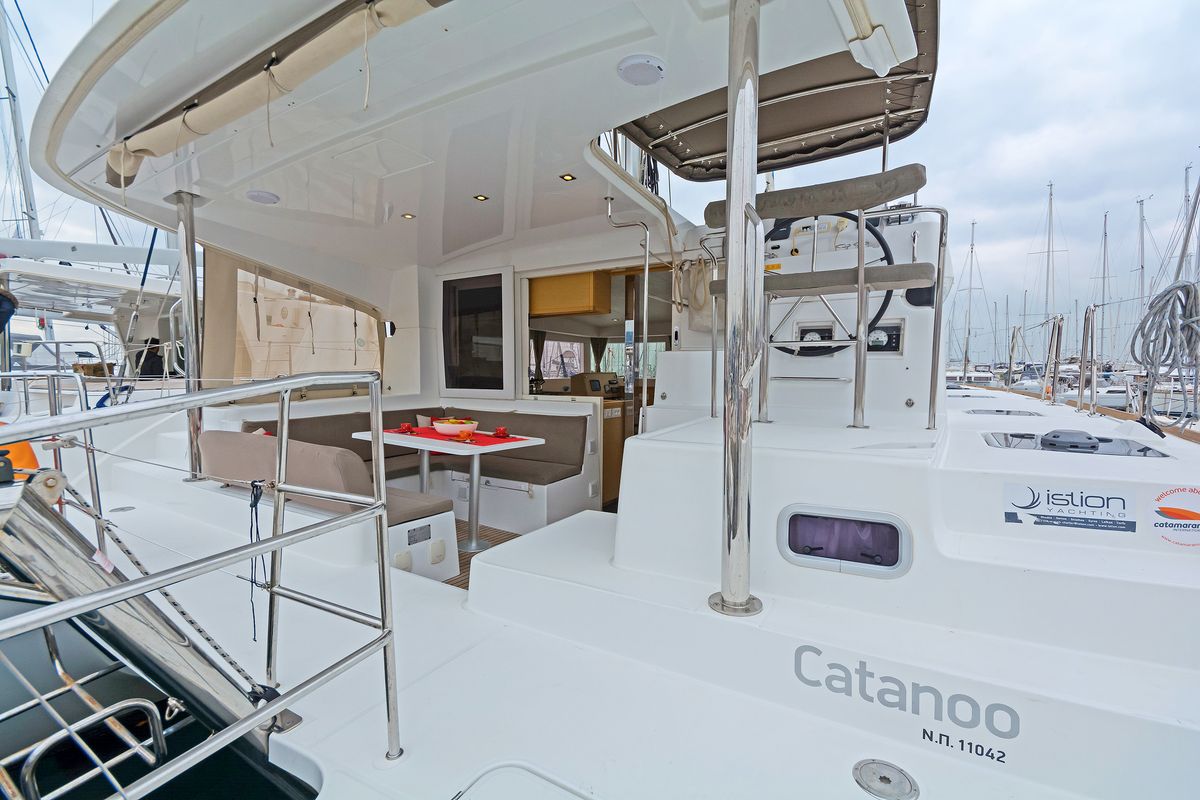Deck of Catanoo, a Lagoon 39 catamaran at Kos, Greece