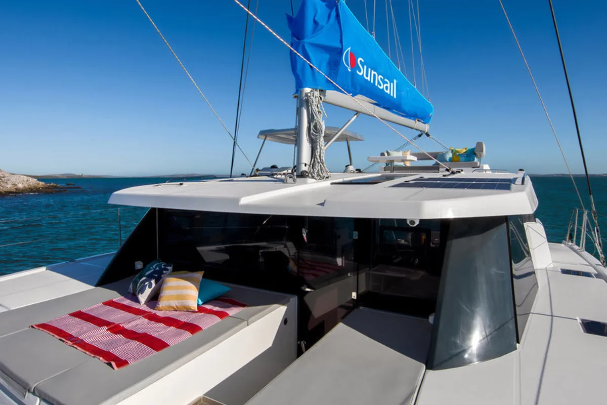 Deck of Sunsail 424/4/4 Premium Plus, a Gulet Sunsail 424 catamaran at Municipal Unit of Lefkada, Greece