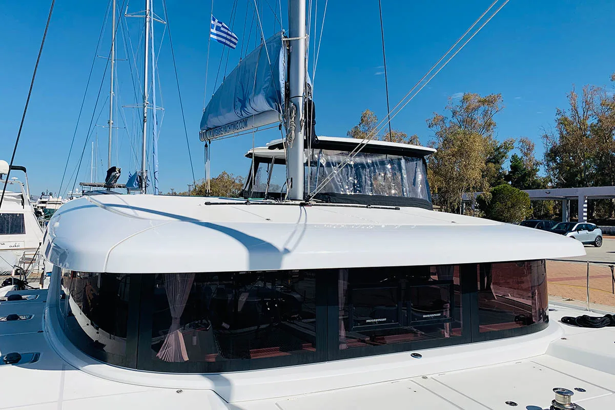 Exterior view of Mayialena, a Lagoon 42 catamaran at Athens, Greece
