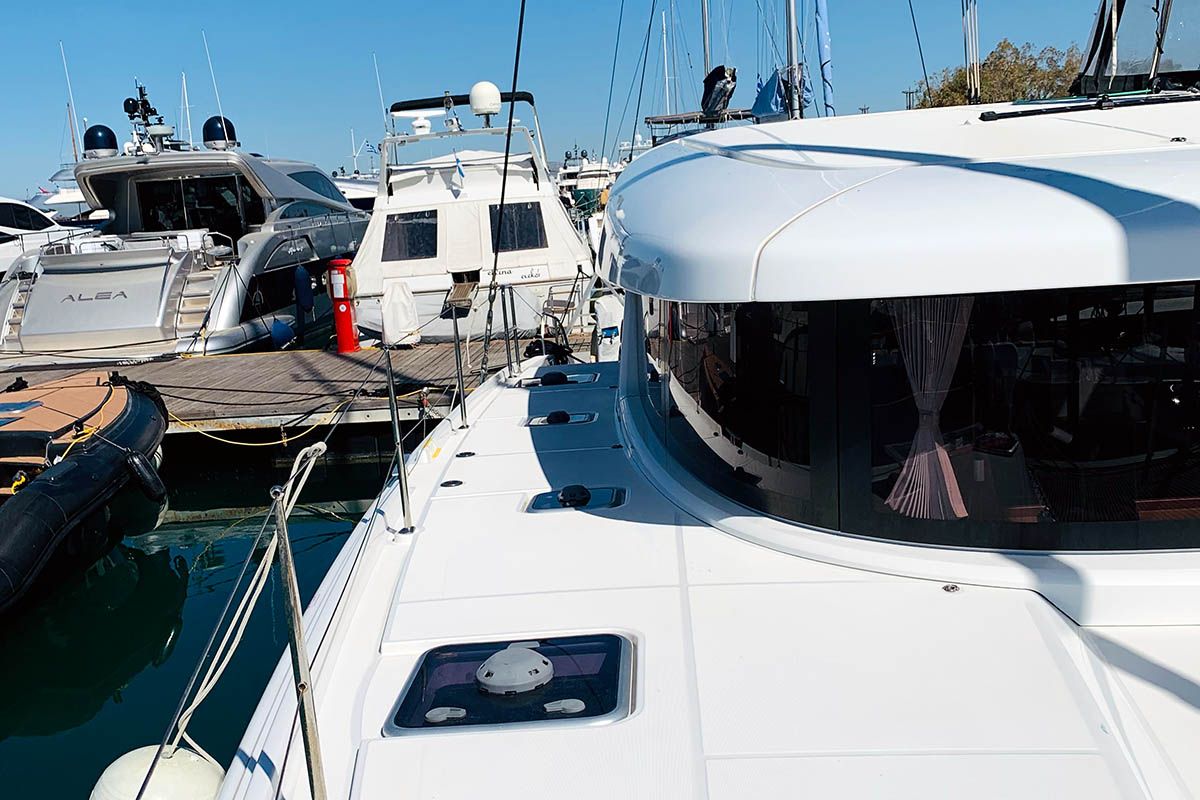 Deck of Mayialena, a Lagoon 42 catamaran at Athens, Greece