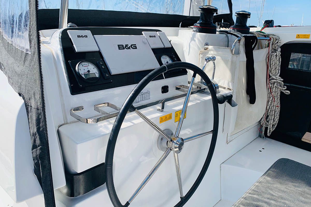 Cockpit of Mayialena, a Lagoon 42 catamaran at Athens, Greece