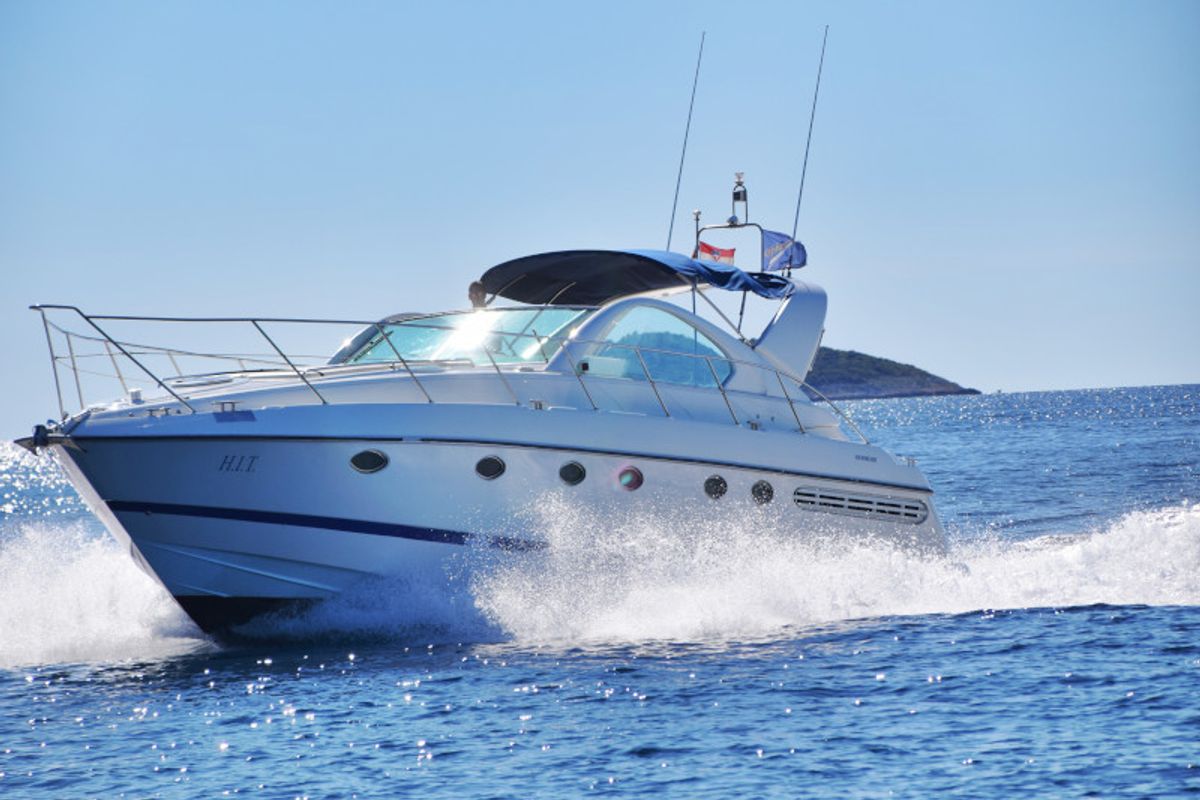 Exterior view of H.I.T., a Fairline Boats Fairlane Targa 48 motorboat at Primošten, Croatia