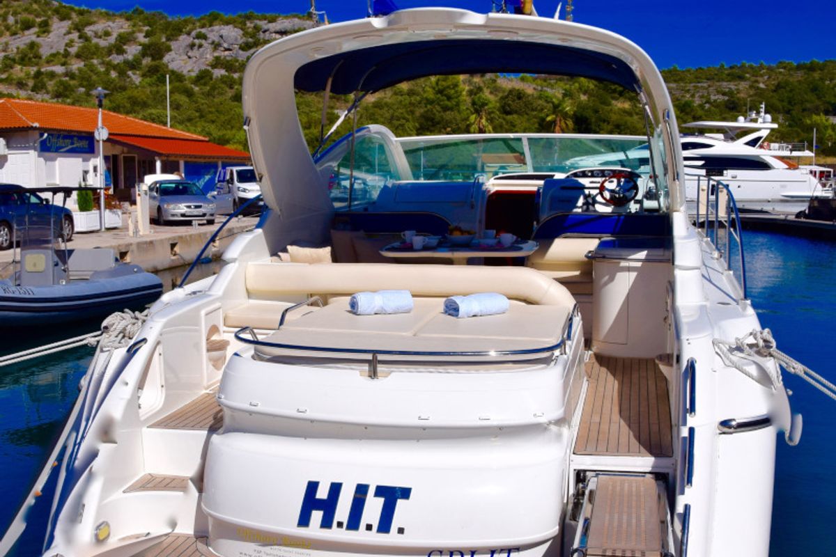 Deck of H.I.T., a Fairline Boats Fairlane Targa 48 motorboat at Primošten, Croatia