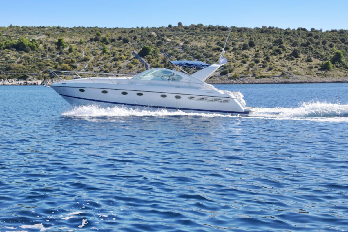 Exterior view of H.I.T., a Fairline Boats Fairlane Targa 48 motorboat at Primošten, Croatia