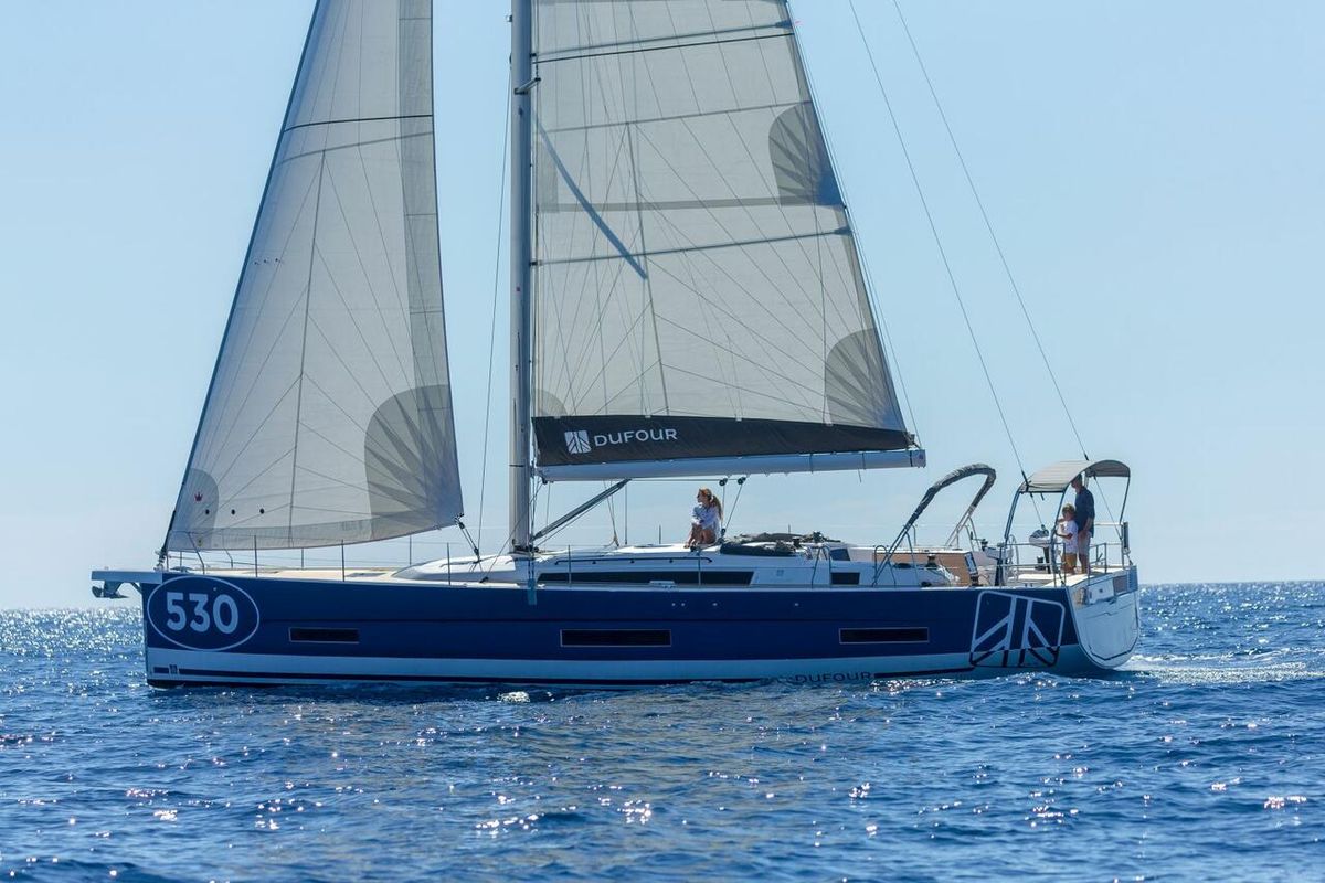 Exterior view of Pura Vida, a Dufour 530 sailboat at Road Town, British Virgin Islands