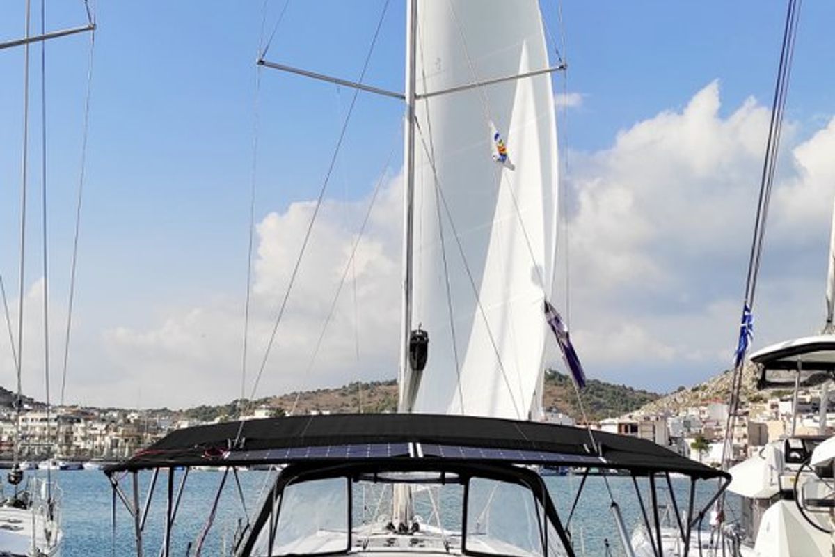 Exterior view of Xristina, a Hanse Yachts Hanse 458 sailboat at Athens, Greece