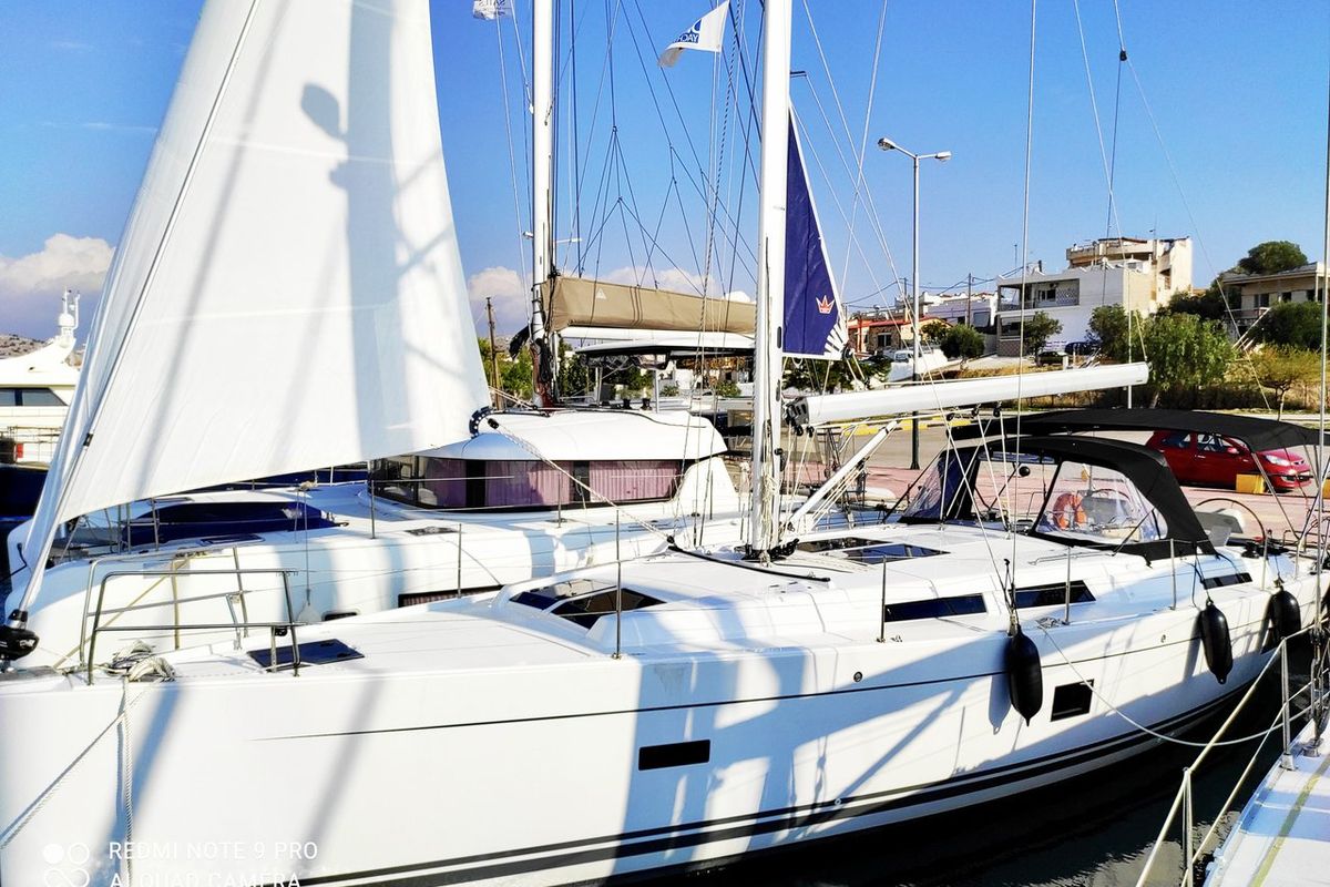 Exterior view of Xristina, a Hanse Yachts Hanse 458 sailboat at Athens, Greece