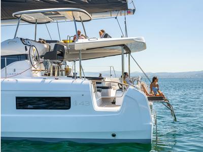 Deck of Michelangelo, a Lagoon 43 catamaran at Benitses, Greece