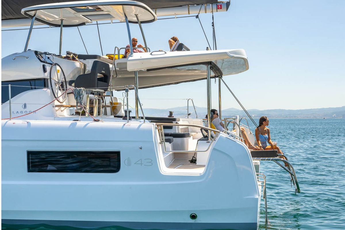 Deck of Michelangelo, a Lagoon 43 catamaran at Benitses, Greece