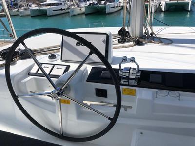 Cockpit of Arianna, a Lagoon 46 Fly catamaran at Capo d'Orlando, Italy