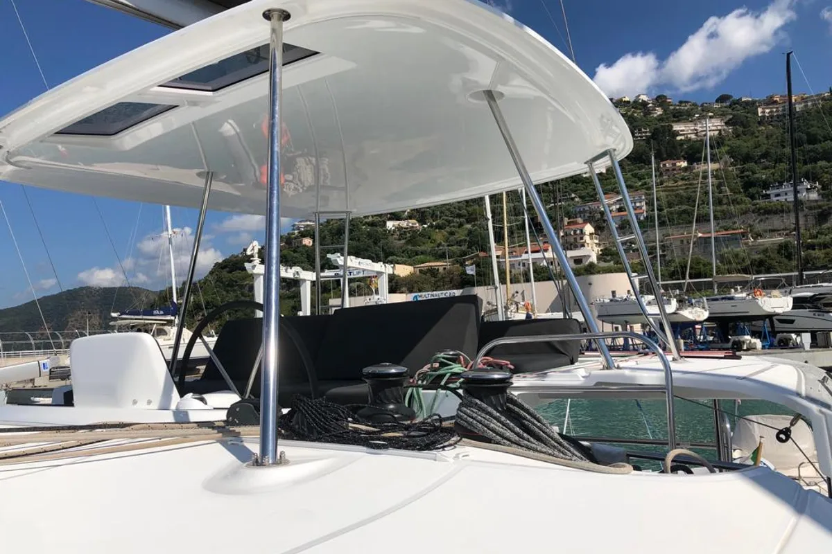 Deck of Arianna, a Lagoon 46 Fly catamaran at Capo d'Orlando, Italy