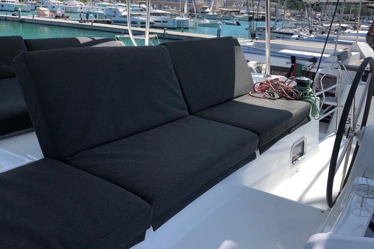 Deck of Arianna, a Lagoon 46 Fly catamaran at Capo d'Orlando, Italy