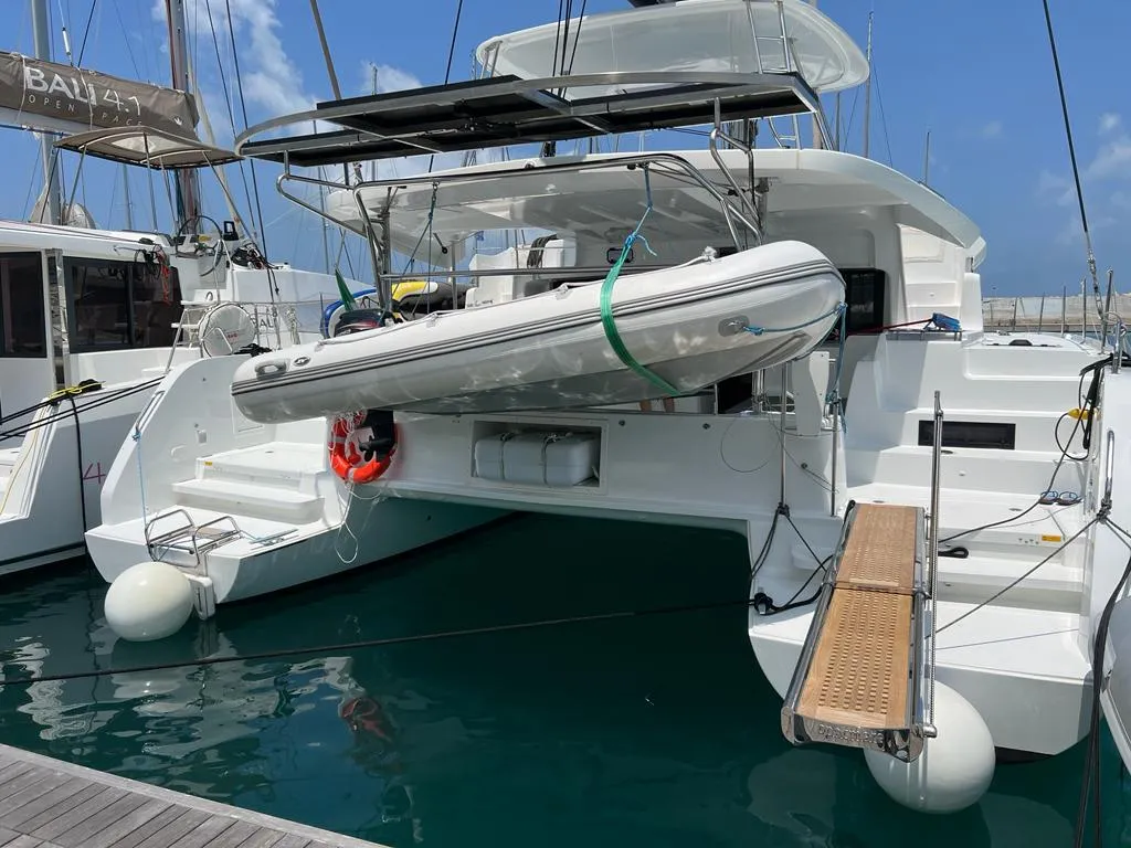 Exterior view of Arianna, a Lagoon 46 Fly catamaran at Capo d'Orlando, Italy