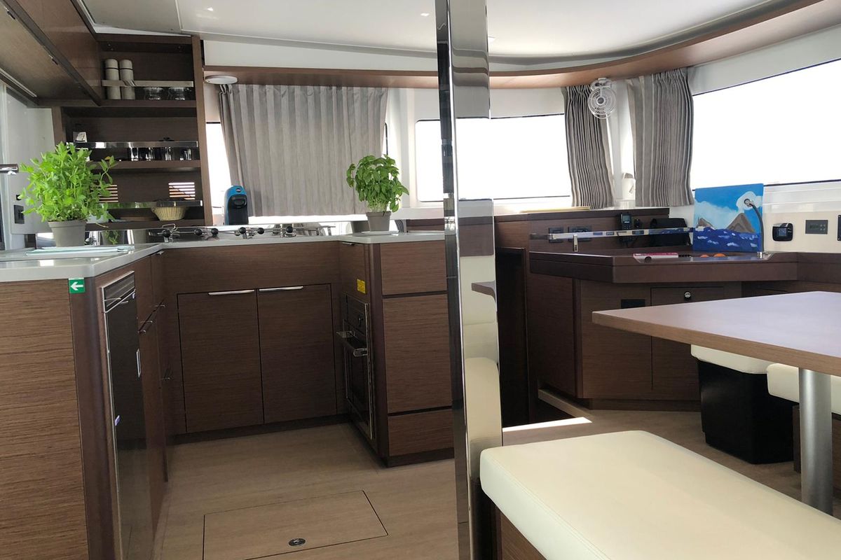 Salon of Arianna, a Lagoon 46 Fly catamaran at Capo d'Orlando, Italy