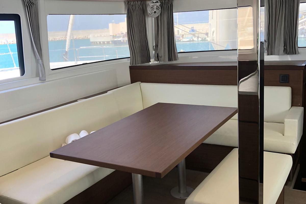 Salon of Arianna, a Lagoon 46 Fly catamaran at Capo d'Orlando, Italy