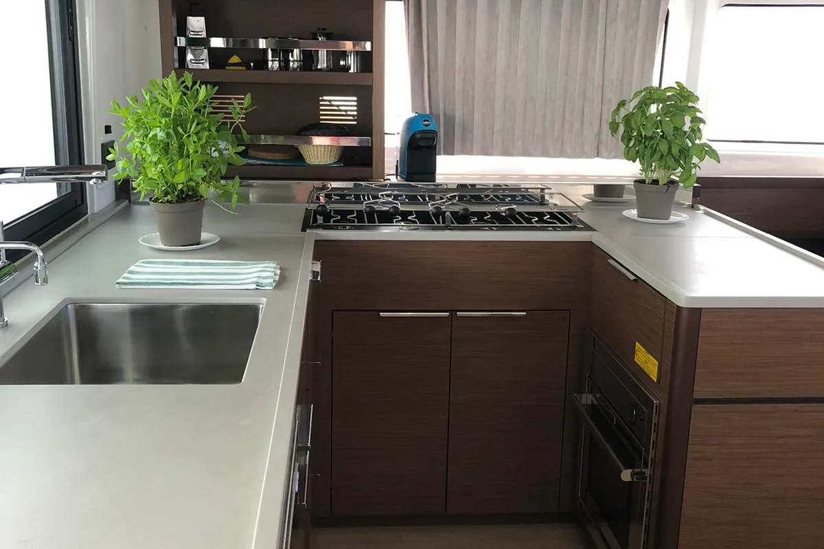 Galley of Arianna, a Lagoon 46 Fly catamaran at Capo d'Orlando, Italy