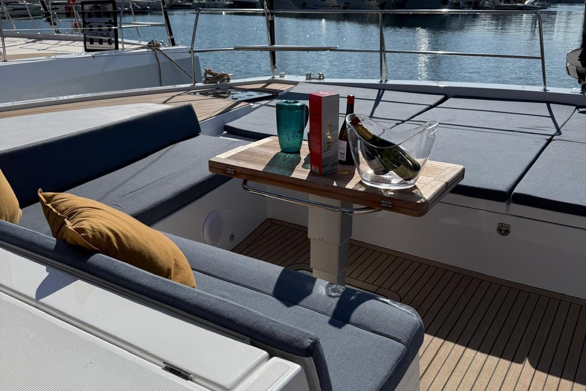 Deck of Boca Chica, a Bali 5.2 catamaran at Olbia, Italy