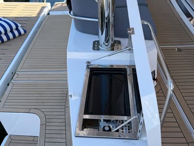 Salon of Boca Chica, a Bali 5.2 catamaran at Olbia, Italy