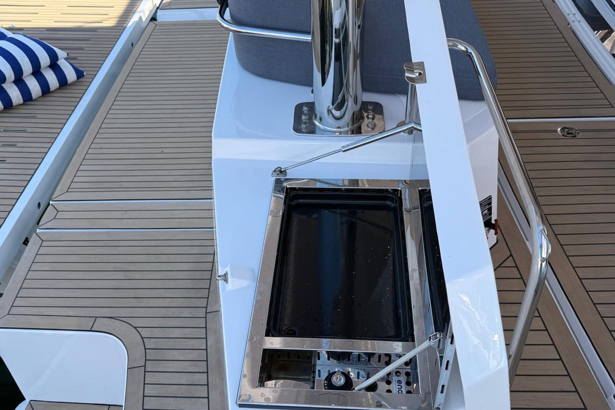 Salon of Boca Chica, a Bali 5.2 catamaran at Olbia, Italy