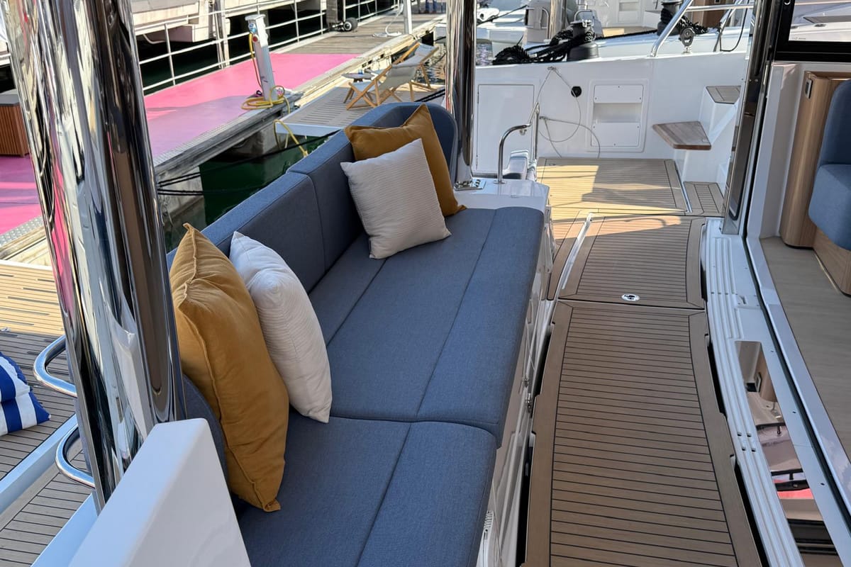 Deck of Boca Chica, a Bali 5.2 catamaran at Olbia, Italy