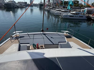Deck of Boca Chica, a Bali 5.2 catamaran at Olbia, Italy