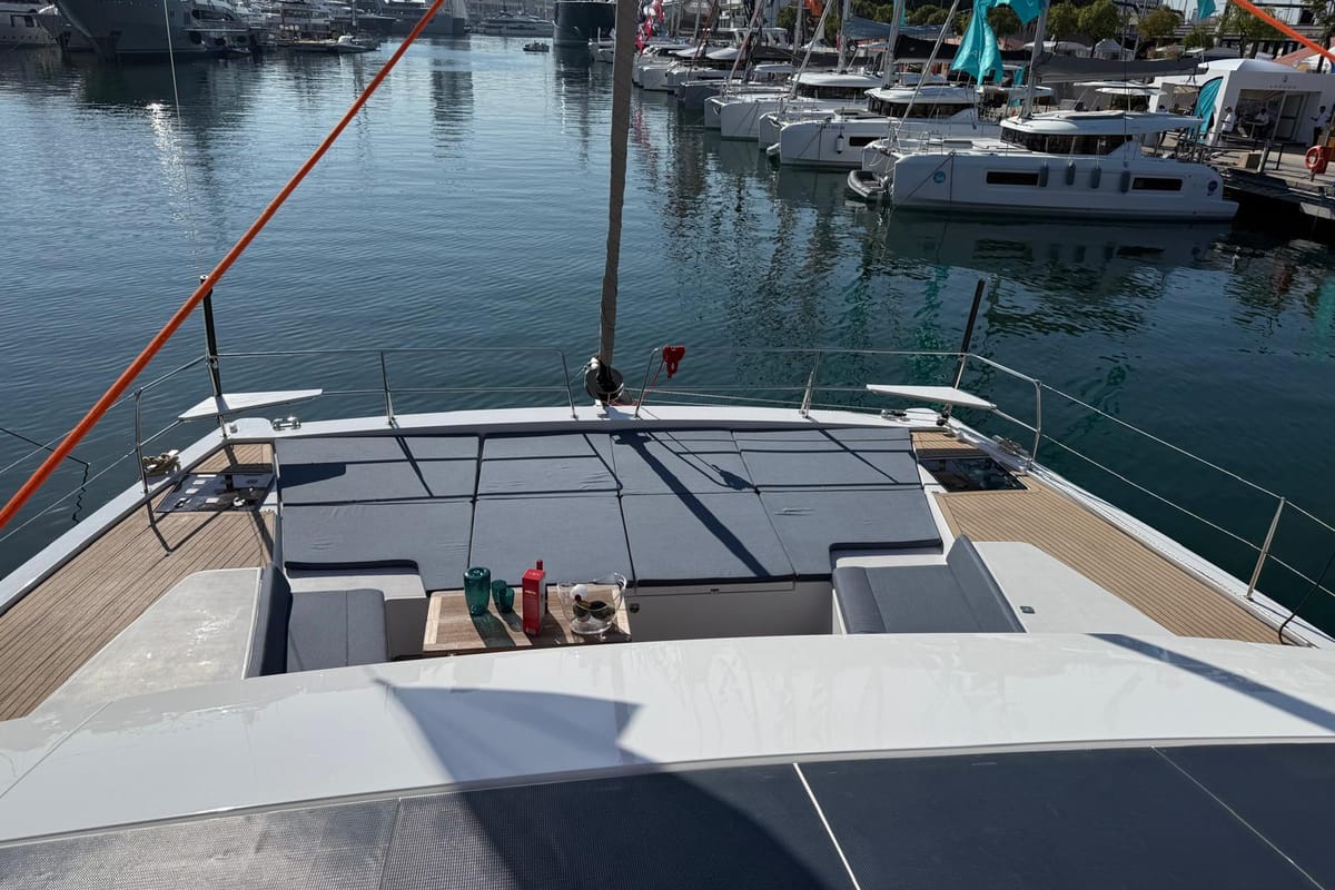 Deck of Boca Chica, a Bali 5.2 catamaran at Olbia, Italy
