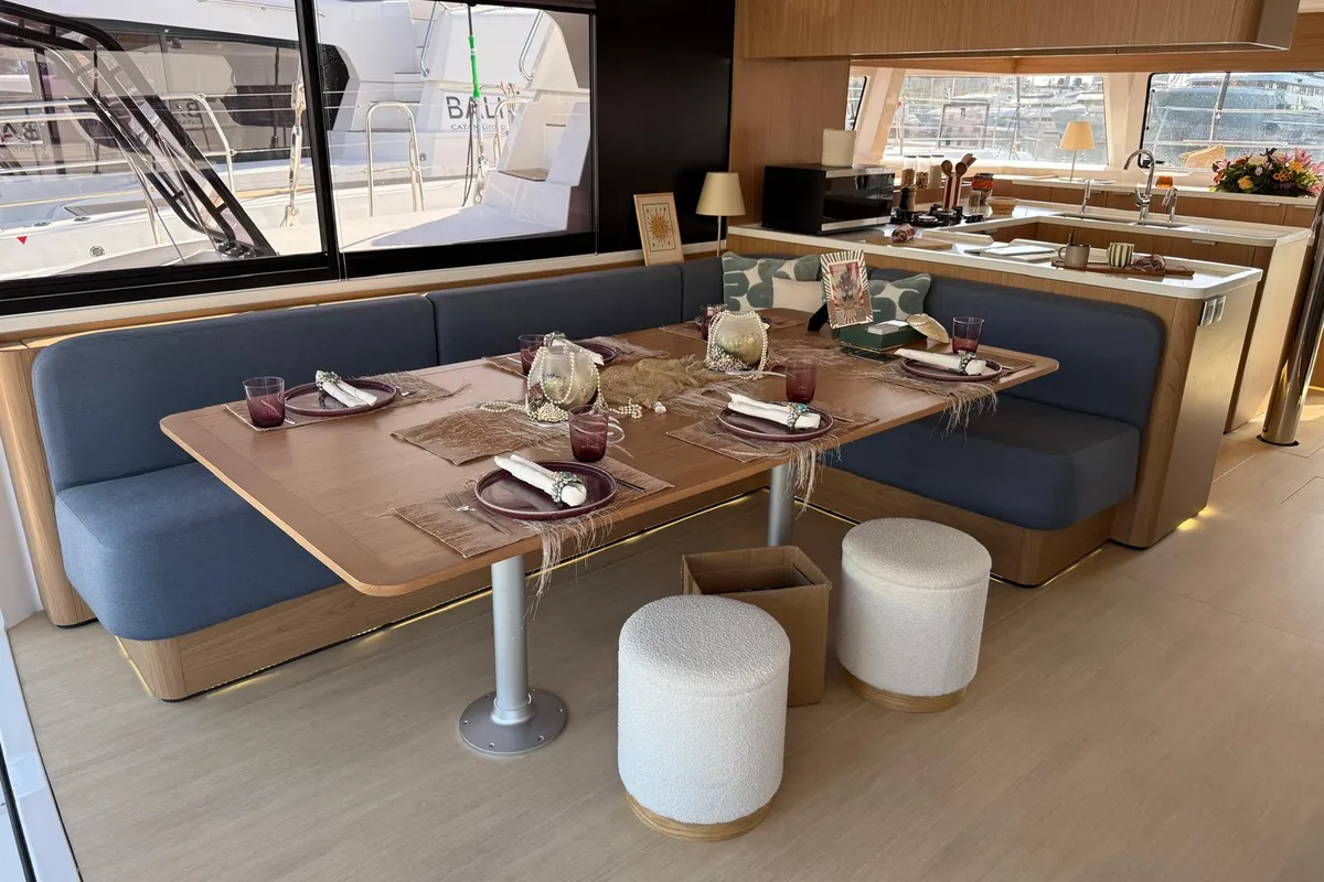 Salon of Boca Chica, a Bali 5.2 catamaran at Olbia, Italy