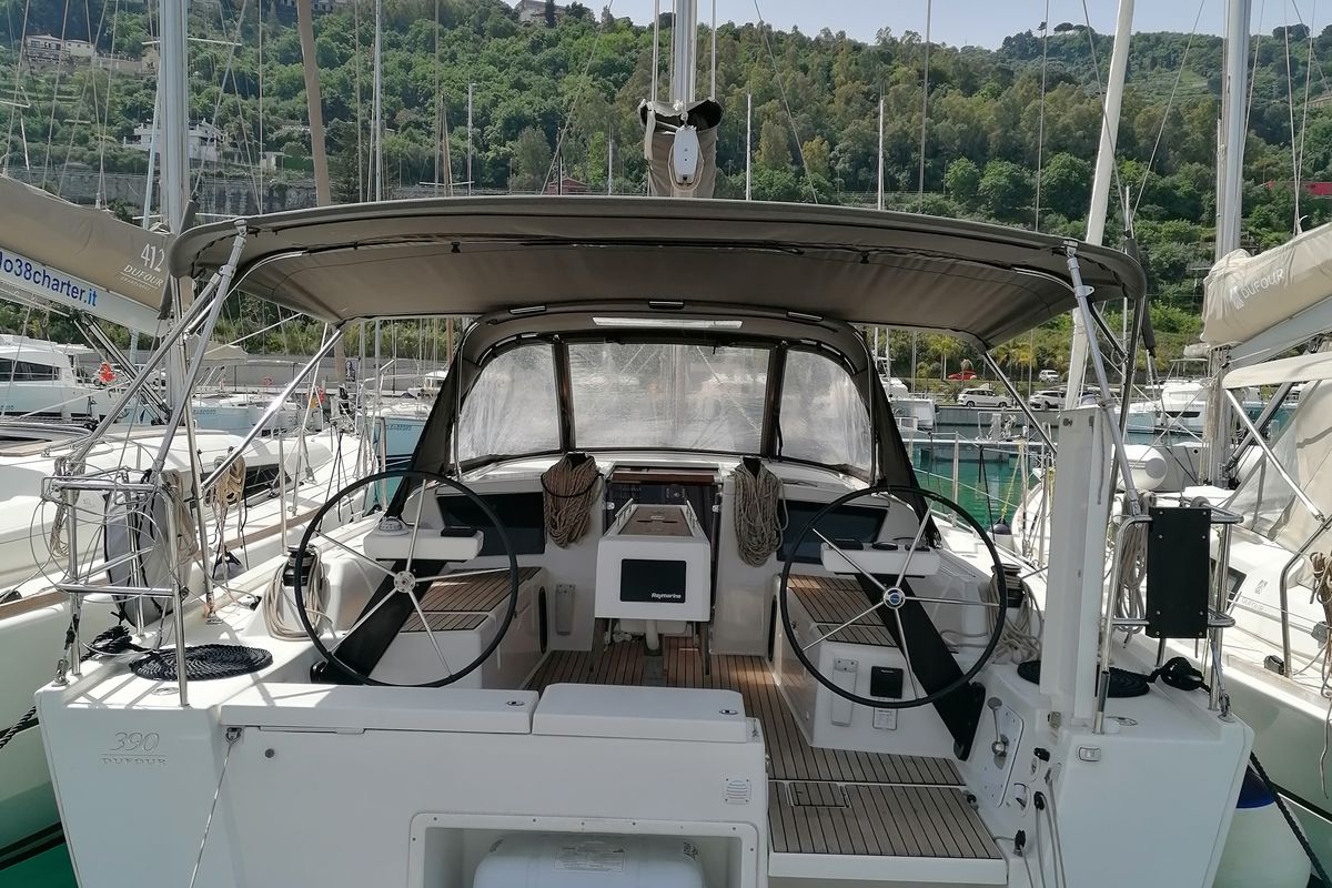 Cockpit of Parbleu, a Dufour 390 Grand Large sailboat at Capo d'Orlando, Italy