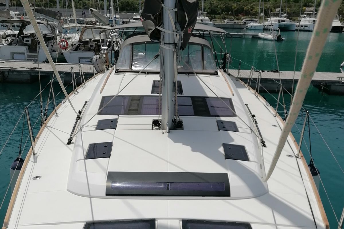 Deck of Parbleu, a Dufour 390 Grand Large sailboat at Capo d'Orlando, Italy