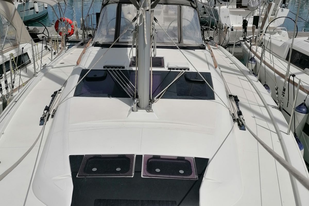 Deck of Parbleu, a Dufour 390 Grand Large sailboat at Capo d'Orlando, Italy