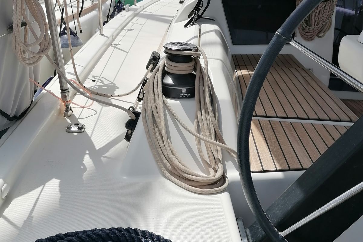 Deck of Parbleu, a Dufour 390 Grand Large sailboat at Capo d'Orlando, Italy