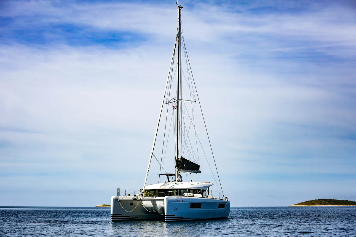 Exterior view of Bahia Real, a Lagoon 40 catamaran at Primošten, Croatia