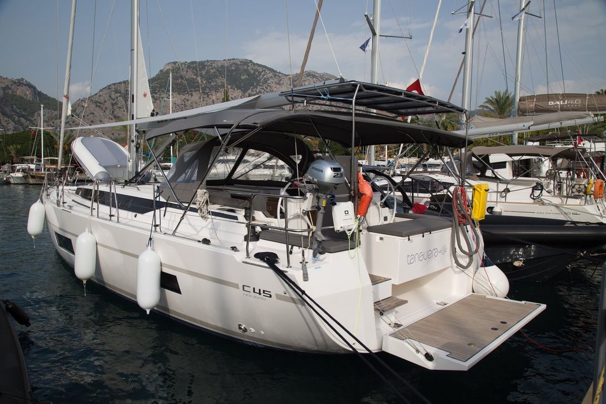 Exterior view of Tanguera, a Bavaria C45 sailboat at Fethiye, Turkey