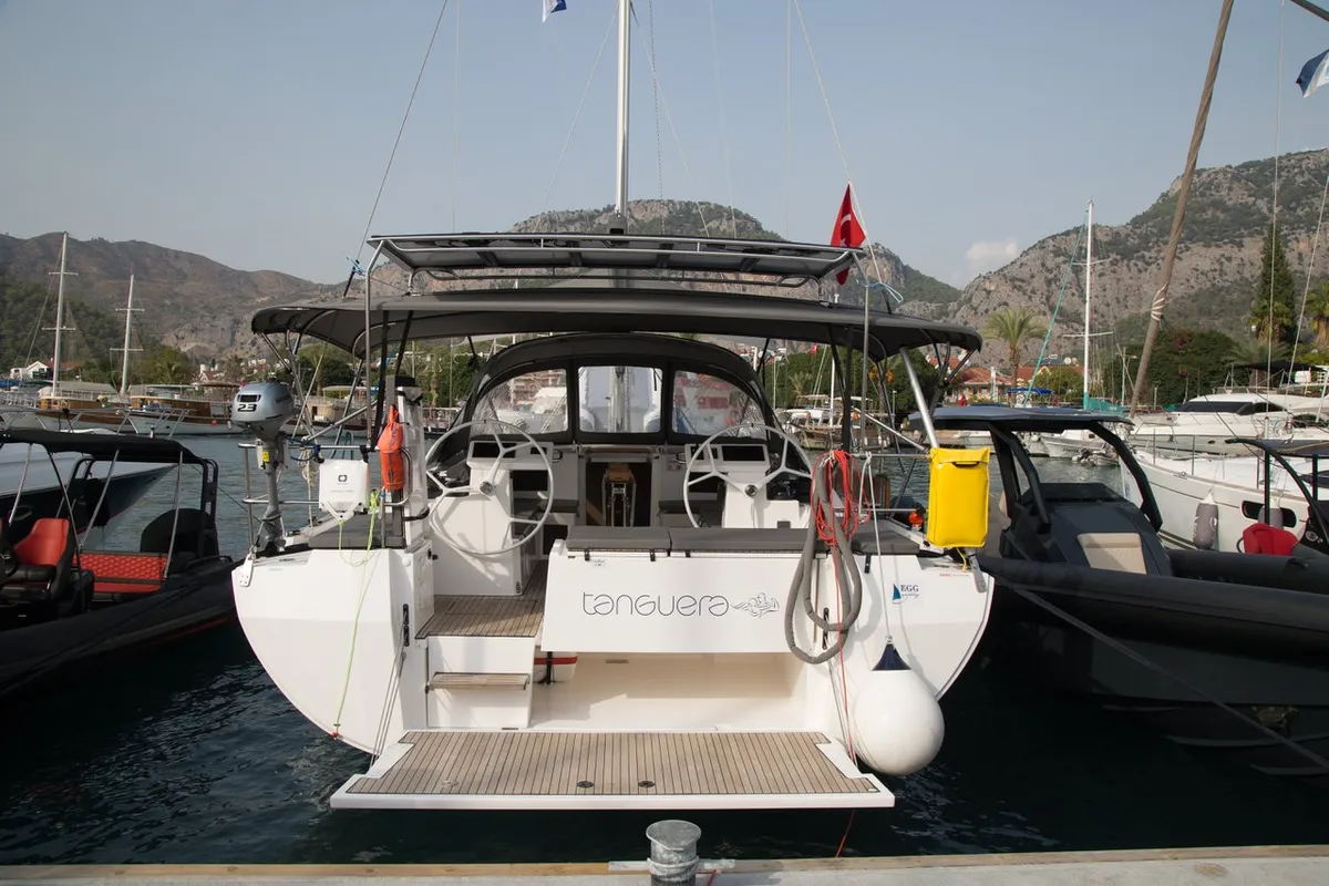 Cockpit of Tanguera, a Bavaria C45 sailboat at Fethiye, Turkey