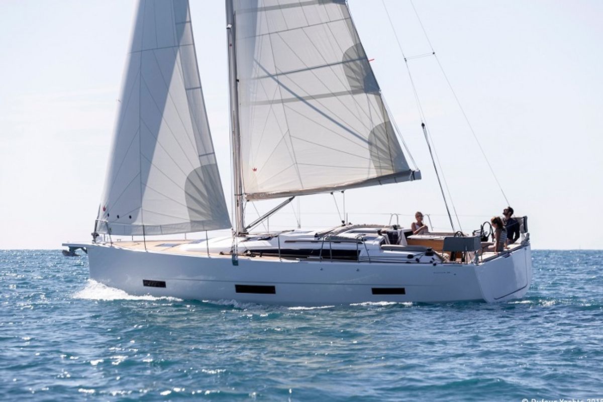 Exterior view of La Luz, a Dufour 390 sailboat at Fethiye, Turkey