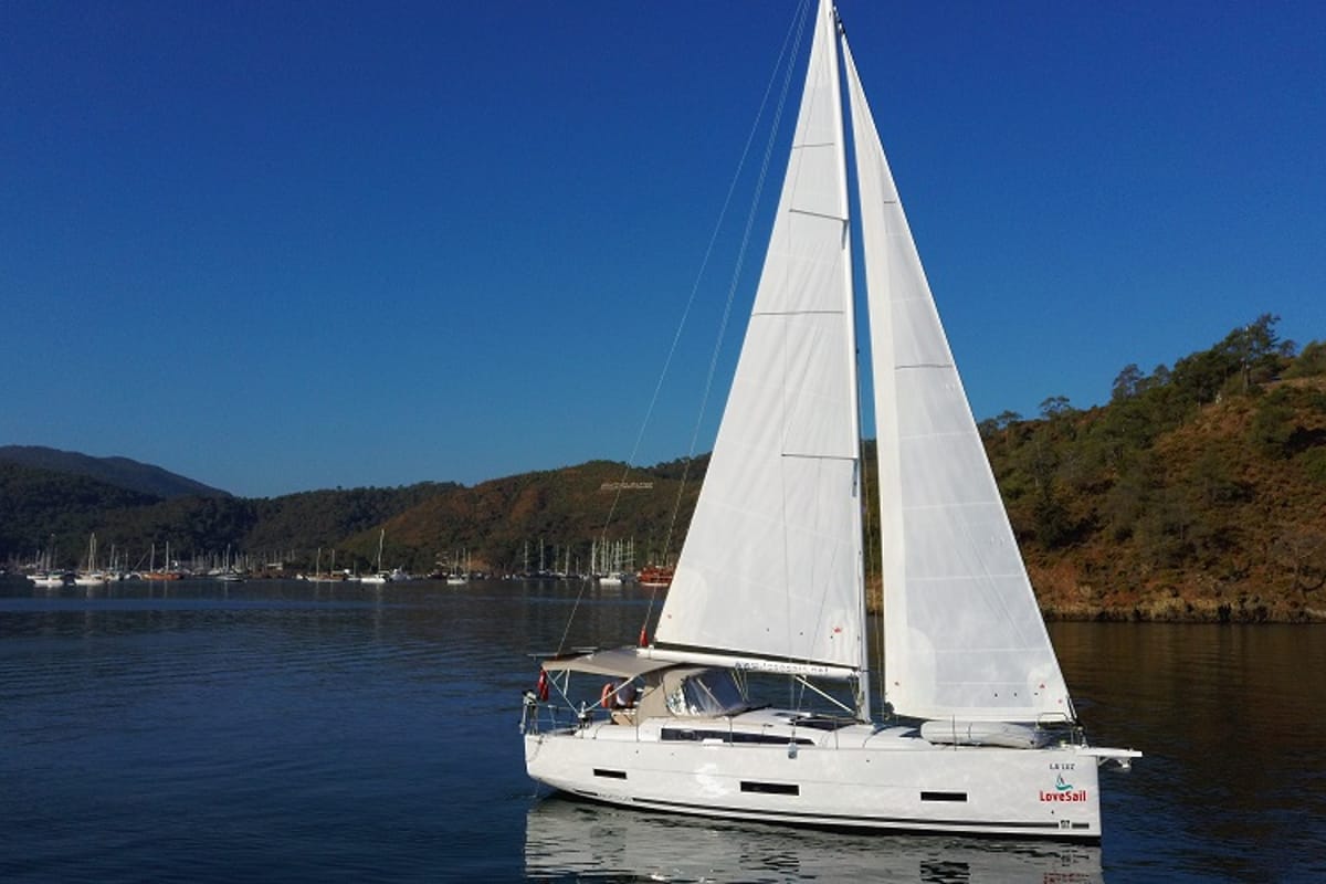 Exterior view of La Luz, a Dufour 390 sailboat at Fethiye, Turkey