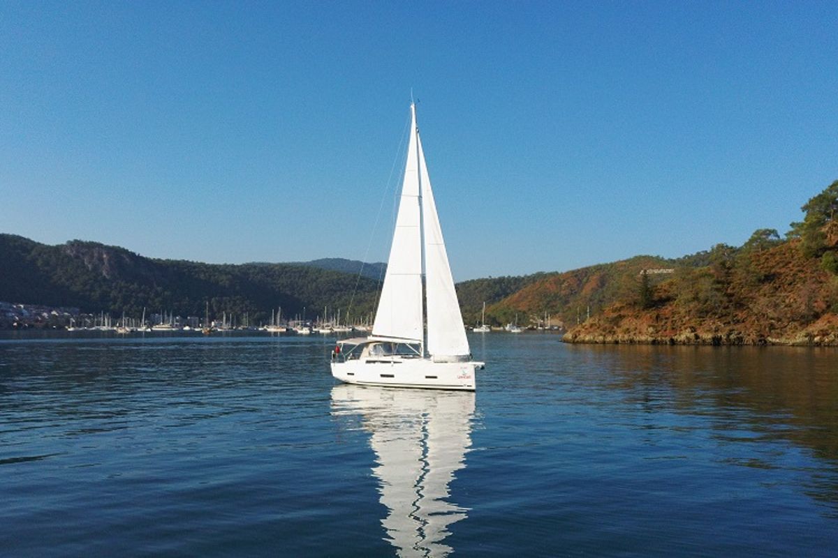 Exterior view of La Luz, a Dufour 390 sailboat at Fethiye, Turkey