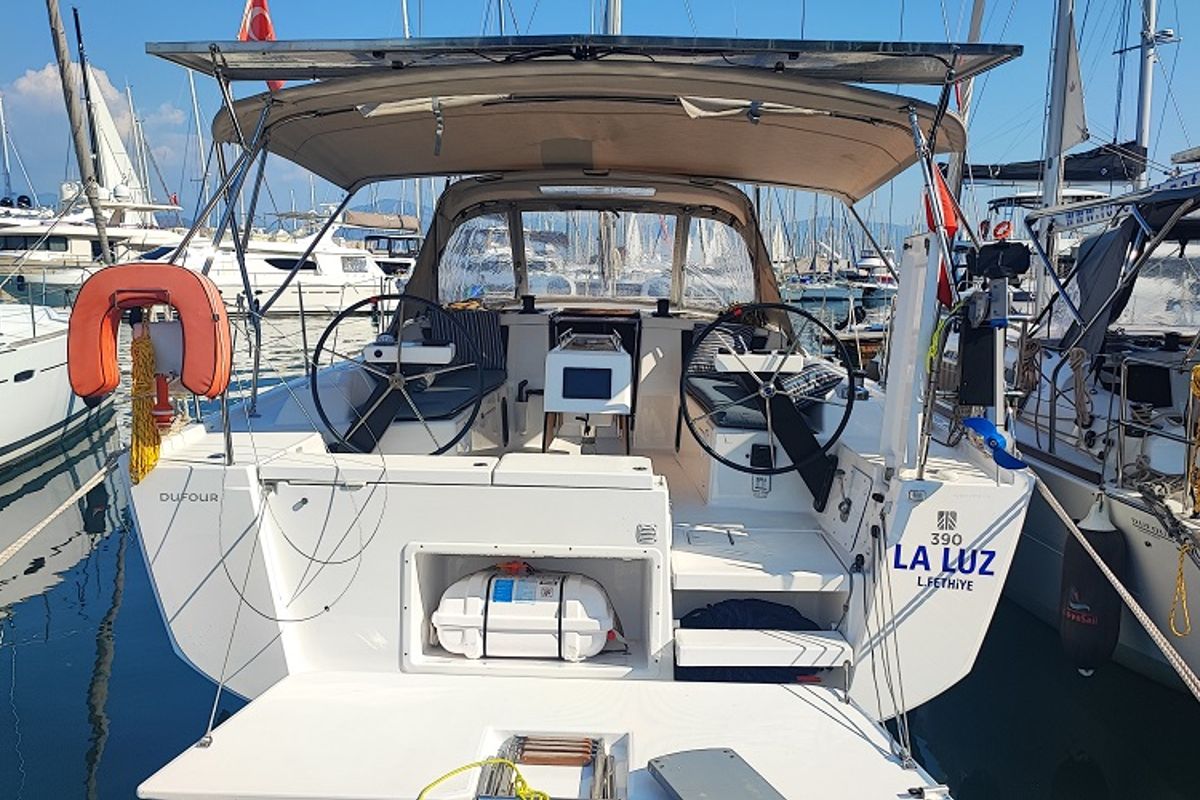 Cockpit of La Luz, a Dufour 390 sailboat at Fethiye, Turkey