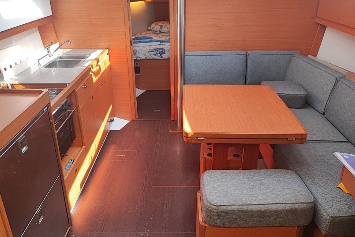 Salon of La Luz, a Dufour 390 sailboat at Fethiye, Turkey