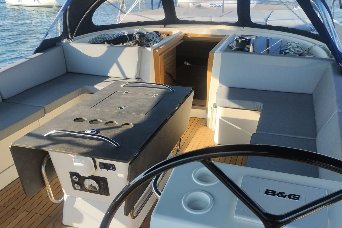 Cockpit of Extraordinarius, a D&D Kufner 54 Exclusive sailboat at Grad Trogir, Croatia