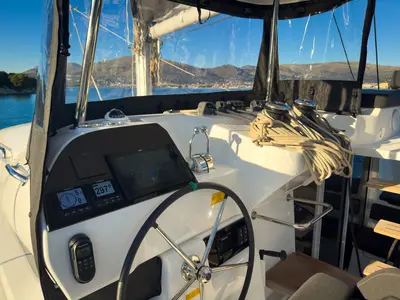 Cockpit of Happiness, a Lagoon 43 catamaran at Seget Donji, Croatia
