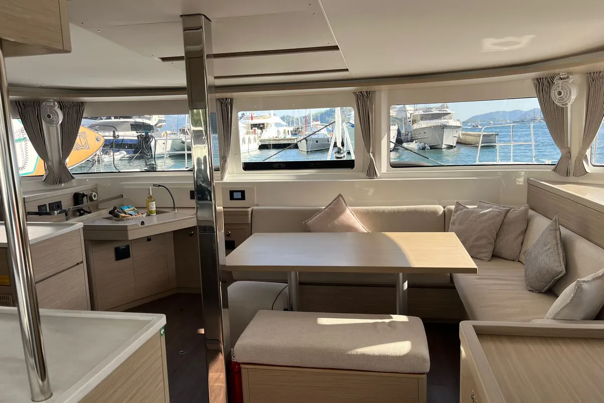 Salon of ETERNITYX, a Lagoon 46 catamaran at Fethiye, Turkey