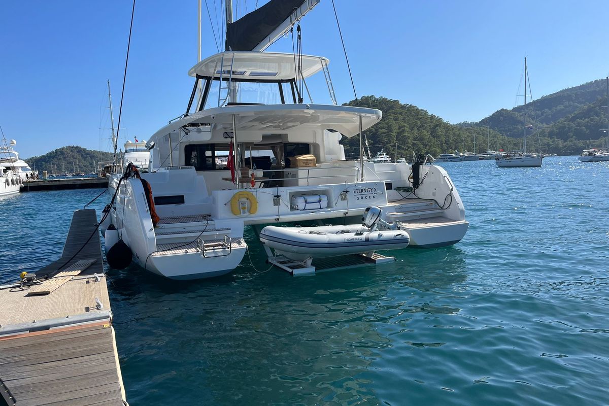 Exterior view of ETERNITYX, a Lagoon 46 catamaran at Fethiye, Turkey