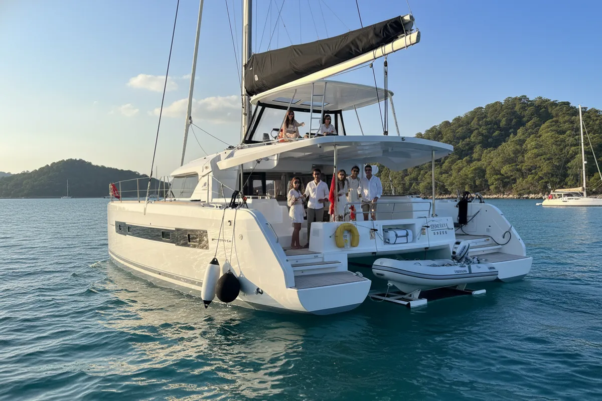Exterior view of ETERNITYX, a Lagoon 46 catamaran at Fethiye, Turkey