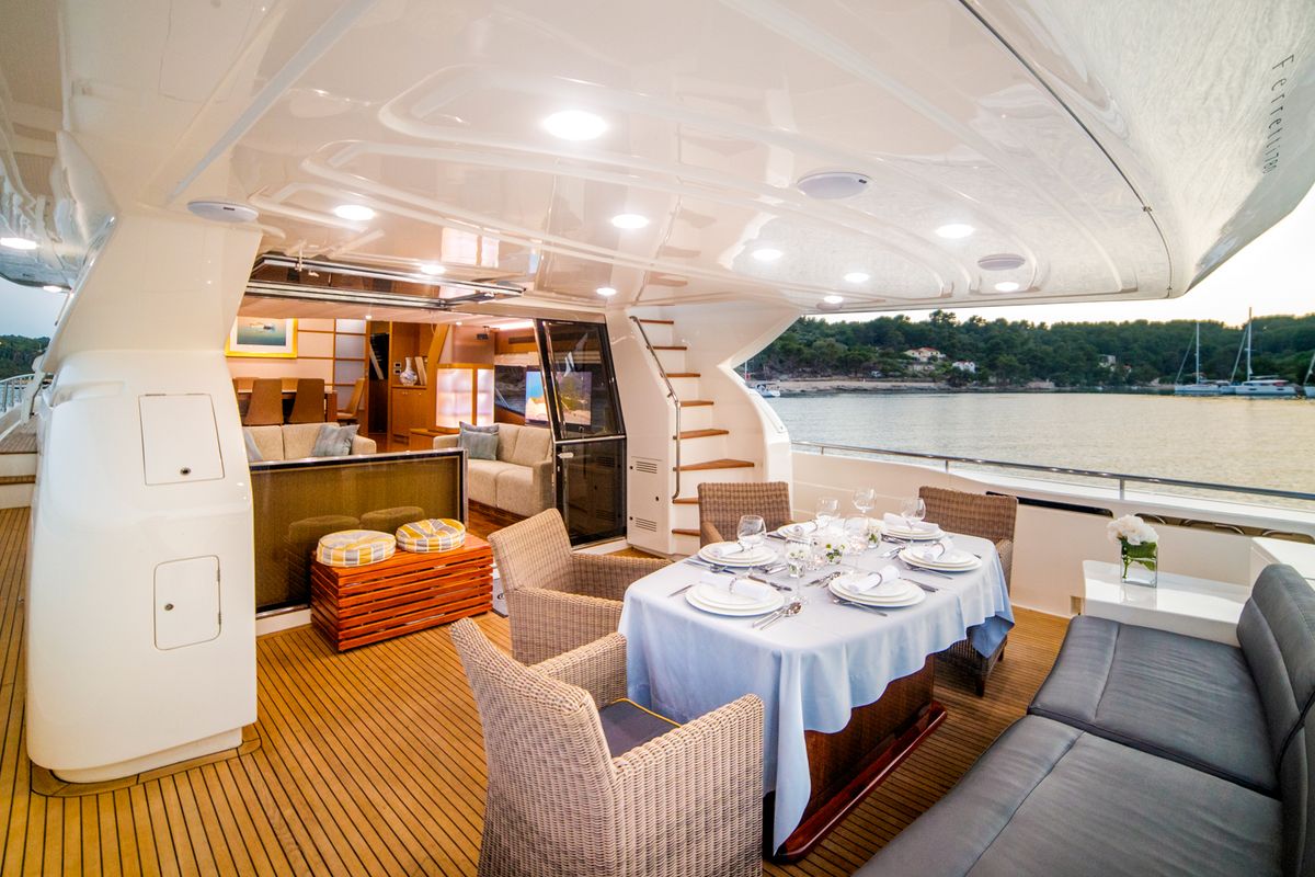 Deck of Orlando L, a Ferretti 780 yacht at Split, Croatia