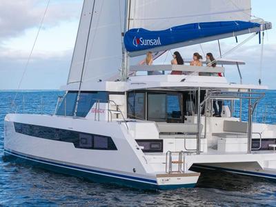 Exterior view of Sunsail 424/4/4 Premium Plus, a Gulet Sunsail 424 catamaran at Gouvia, Greece