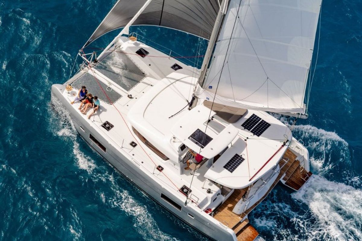 Exterior view of Manaha, a Lagoon 42 catamaran at Seychelles, Mahe, Seychelles