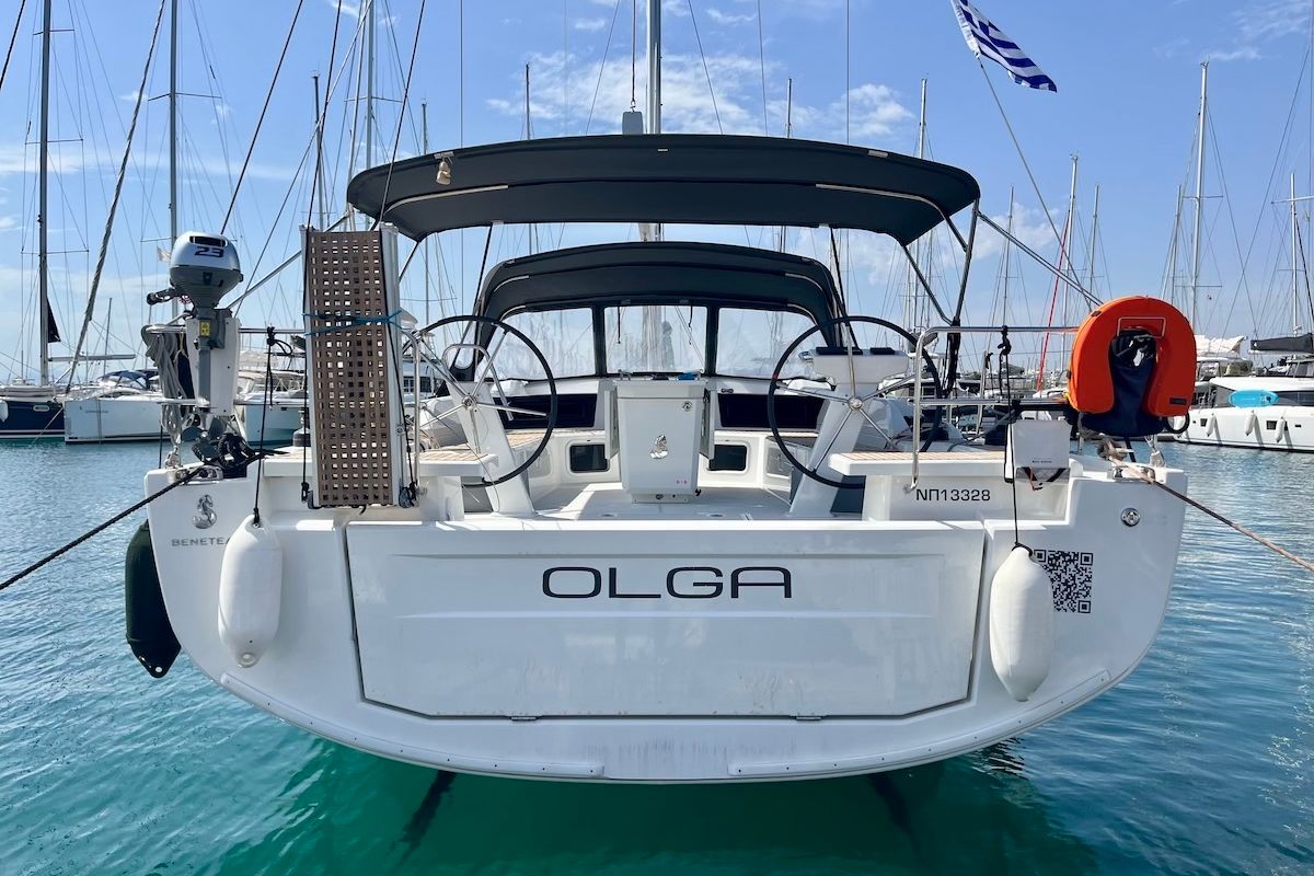 Exterior view of O L G A, a Beneteau Oceanis 51.1 sailboat at Athens, Greece